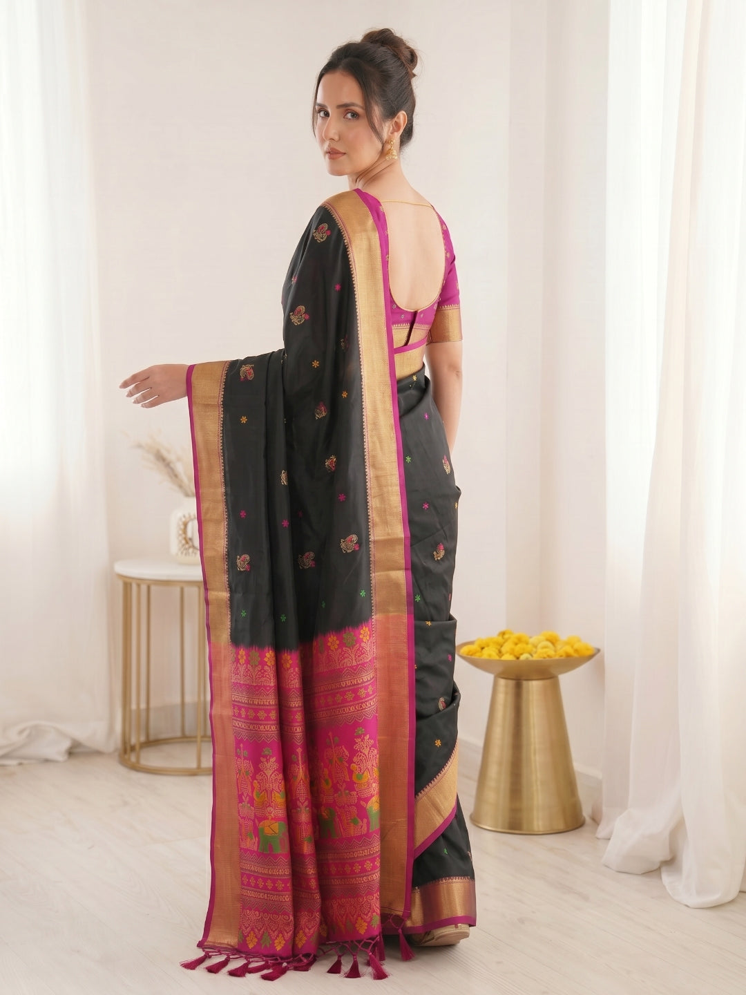 Black Premium Soft Silk Saree Designer Party Wear Saree With Gold Zari Peacock Motifs Meenakari Pallu Wedding Festive Saree