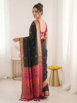 Black Premium Soft Silk Saree Designer Party Wear Saree With Gold Zari Peacock Motifs Meenakari Pallu Wedding Festive Saree