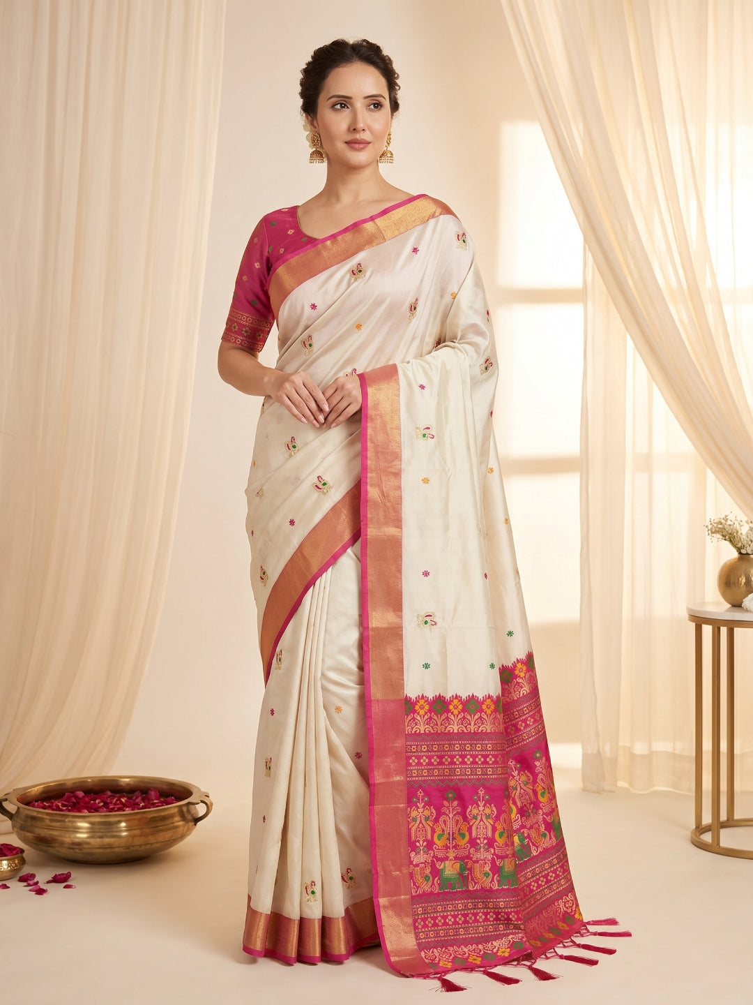 Cream Premium Soft Silk Saree Designer Party Wear Saree With Gold Zari Peacock Motifs Meenakari Pallu Wedding Festive Saree