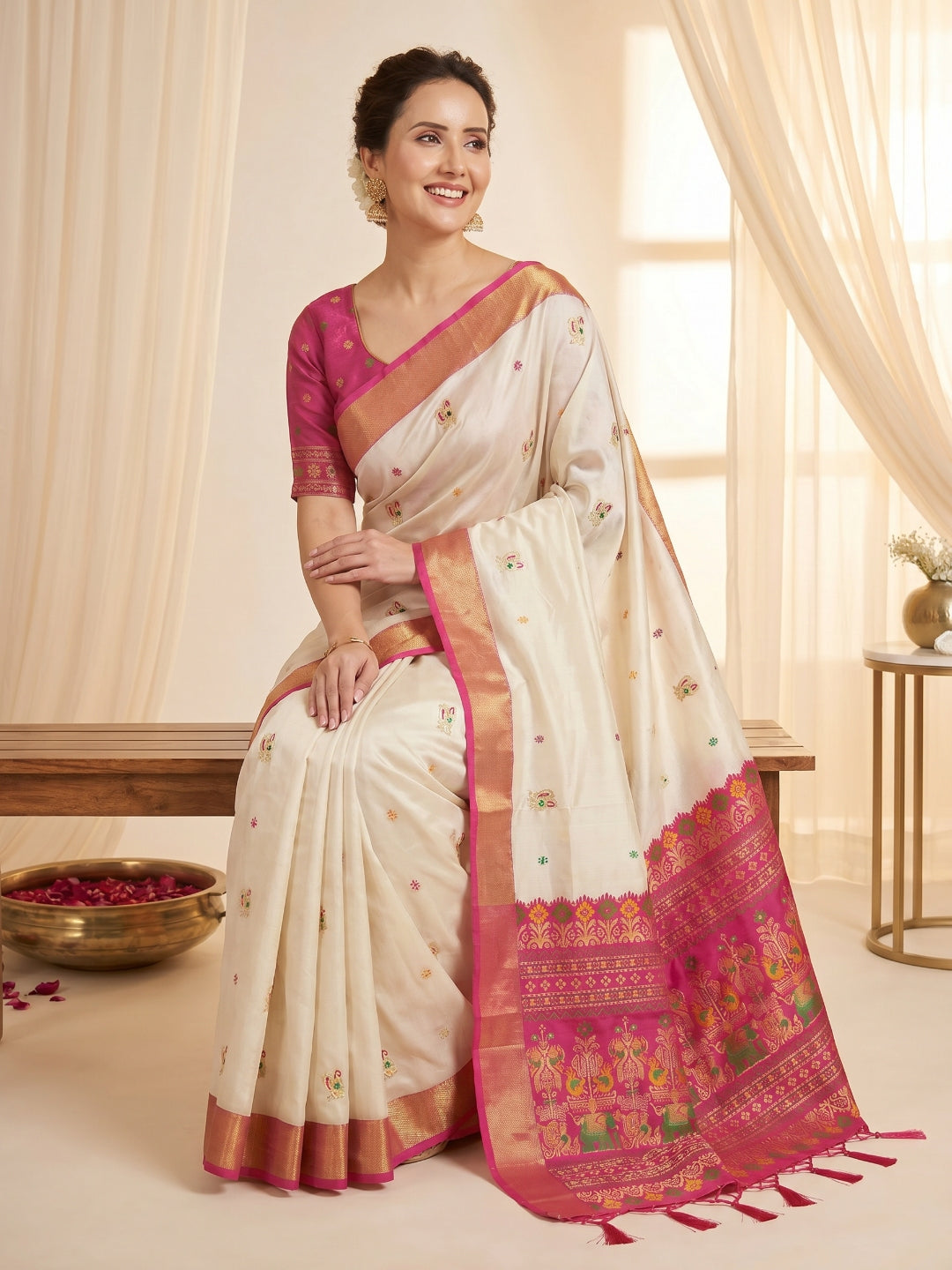 Cream Premium Soft Silk Saree Designer Party Wear Saree With Gold Zari Peacock Motifs Meenakari Pallu Wedding Festive Saree