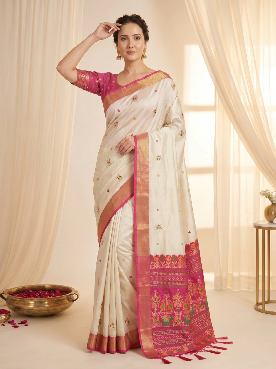 Cream Premium Soft Silk Saree Designer Party Wear Saree With Gold Zari Peacock Motifs Meenakari Pallu Wedding Festive Saree