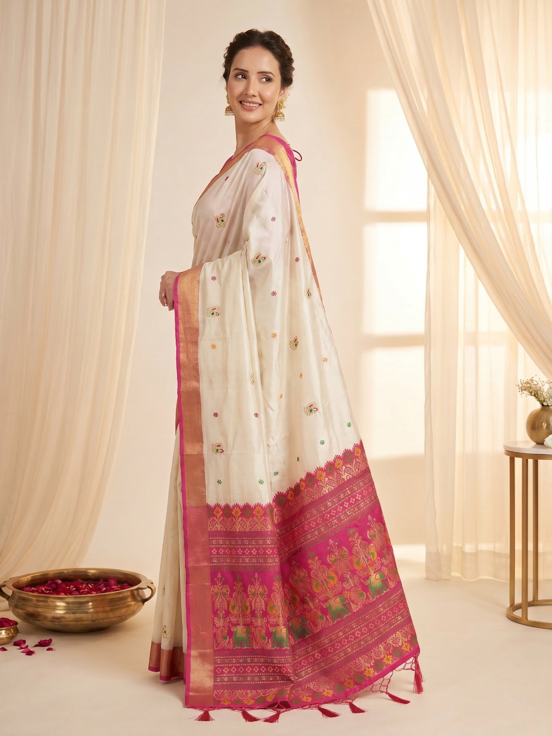 Cream Premium Soft Silk Saree Designer Party Wear Saree With Gold Zari Peacock Motifs Meenakari Pallu Wedding Festive Saree