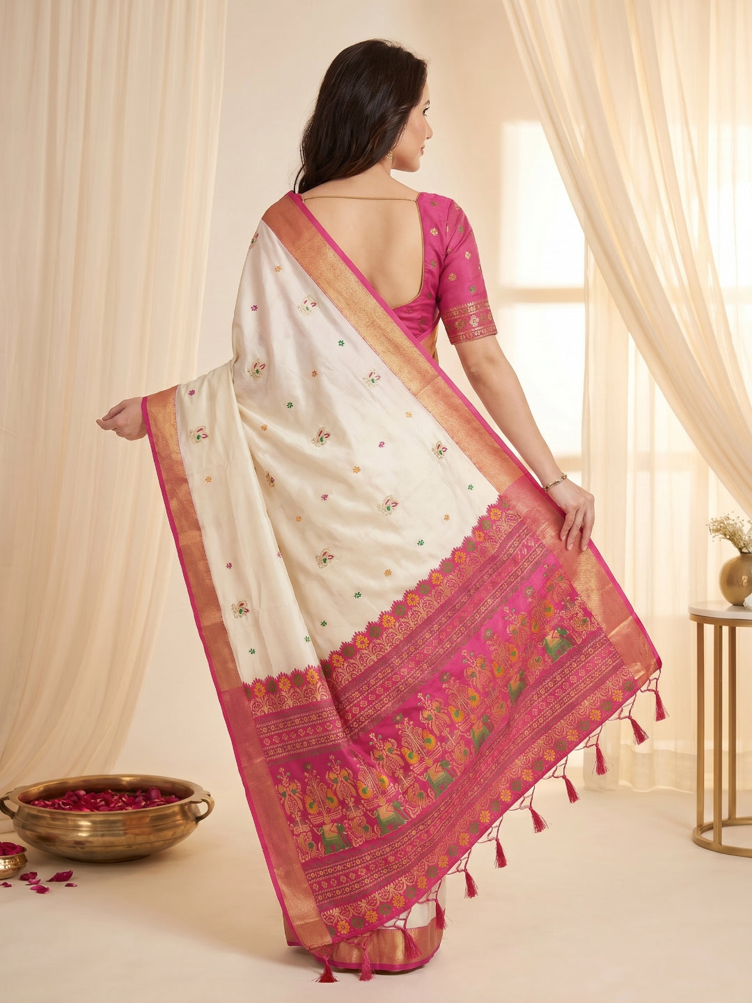 Cream Premium Soft Silk Saree Designer Party Wear Saree With Gold Zari Peacock Motifs Meenakari Pallu Wedding Festive Saree