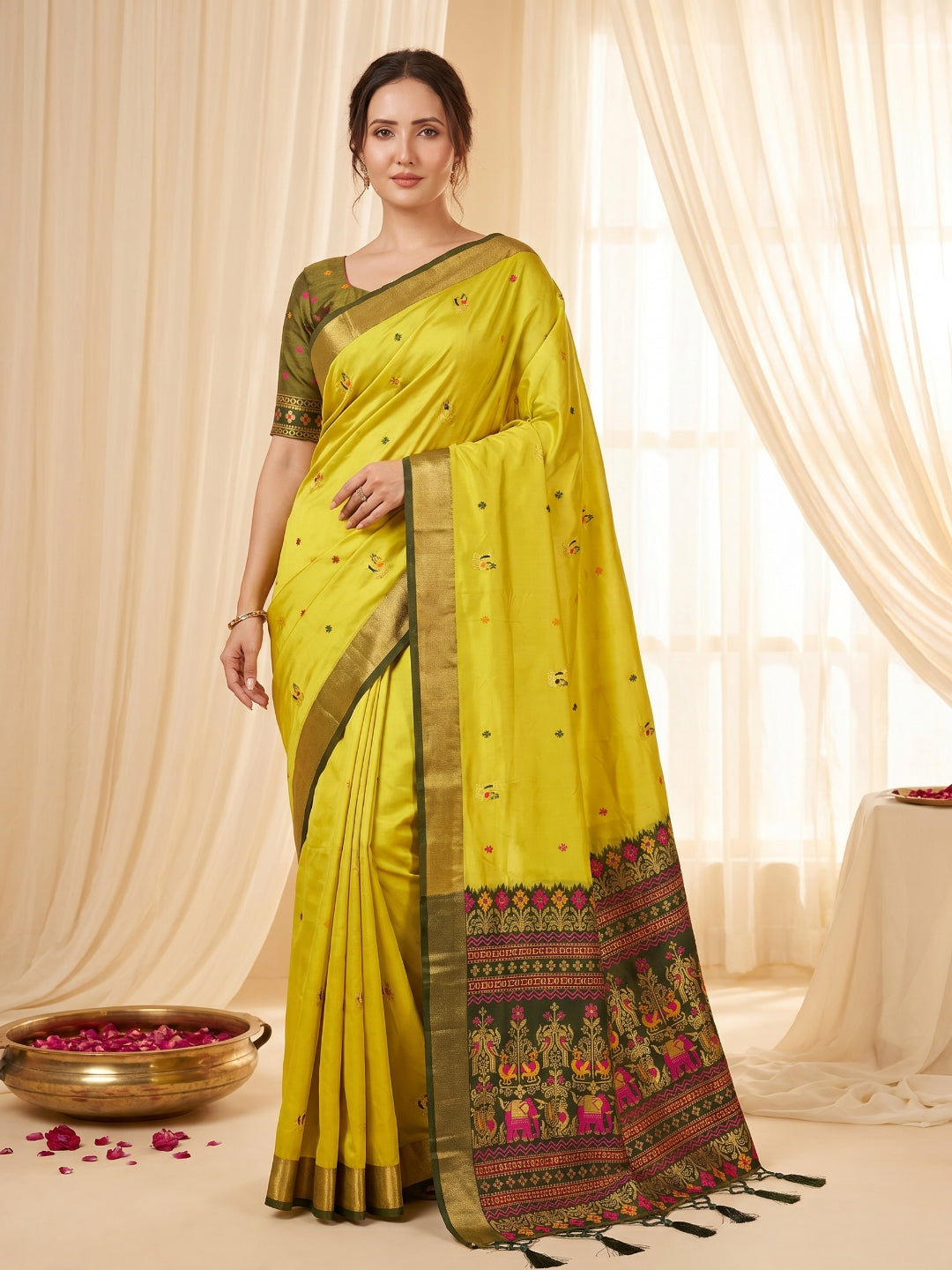 Mehendi Premium Soft Silk Saree Designer Party Wear Saree With Gold Zari Peacock Motifs Meenakari Pallu Wedding Festive Saree