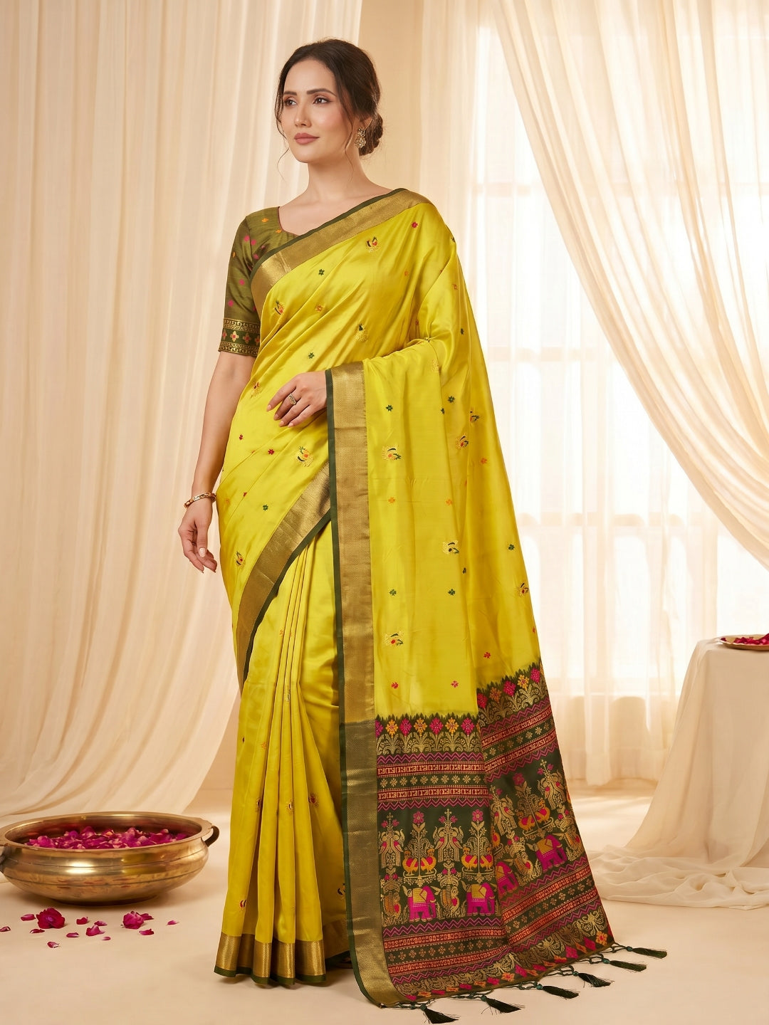 Mehendi Premium Soft Silk Saree Designer Party Wear Saree With Gold Zari Peacock Motifs Meenakari Pallu Wedding Festive Saree