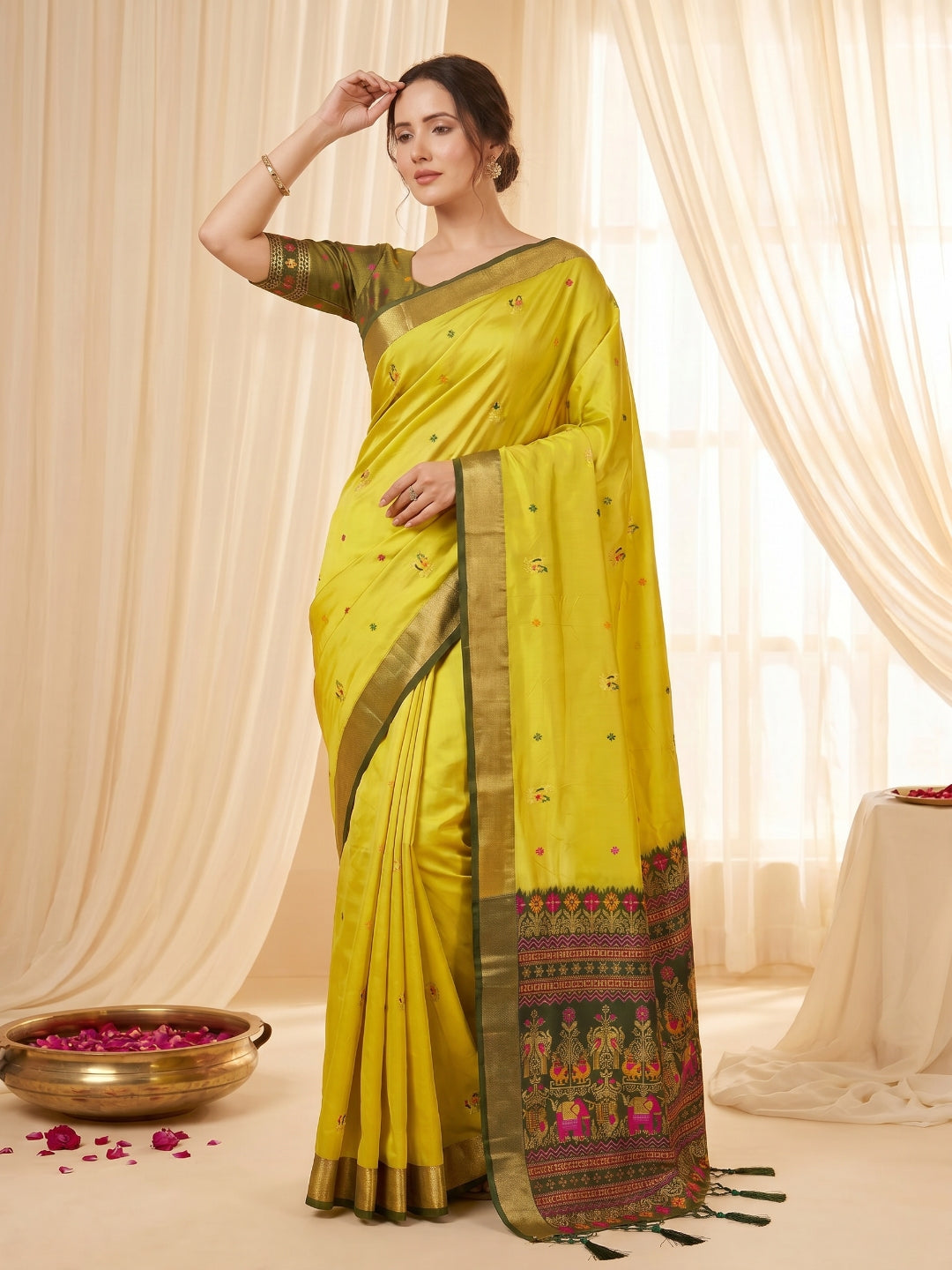 Mehendi Premium Soft Silk Saree Designer Party Wear Saree With Gold Zari Peacock Motifs Meenakari Pallu Wedding Festive Saree