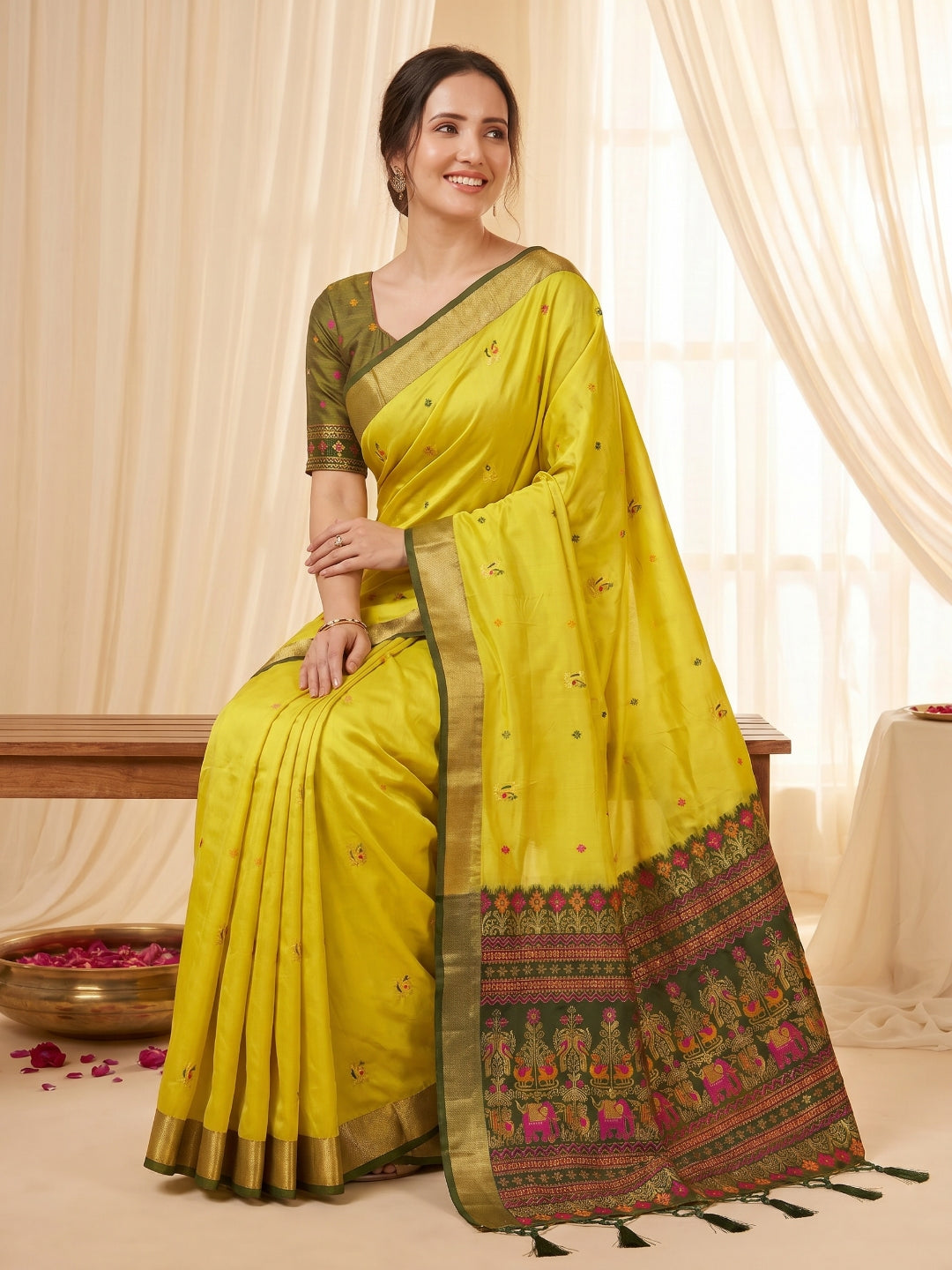 Mehendi Premium Soft Silk Saree Designer Party Wear Saree With Gold Zari Peacock Motifs Meenakari Pallu Wedding Festive Saree