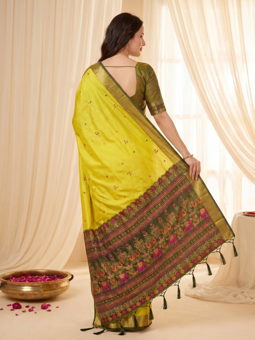Mehendi Premium Soft Silk Saree Designer Party Wear Saree With Gold Zari Peacock Motifs Meenakari Pallu Wedding Festive Saree