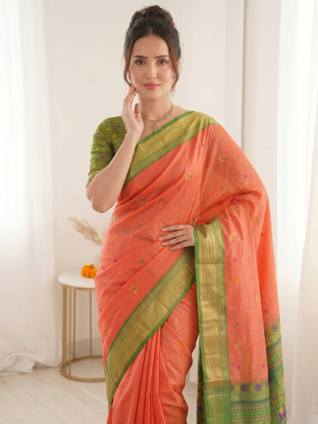 Peach Premium Soft Silk Saree Designer Party Wear Saree With Gold Zari Peacock Motifs Meenakari Pallu Wedding Festive Saree