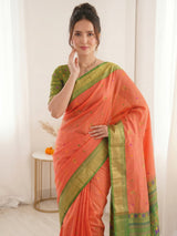Peach Premium Soft Silk Saree Designer Party Wear Saree With Gold Zari Peacock Motifs Meenakari Pallu Wedding Festive Saree
