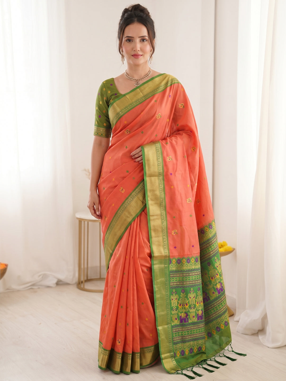 Peach Premium Soft Silk Saree Designer Party Wear Saree With Gold Zari Peacock Motifs Meenakari Pallu Wedding Festive Saree