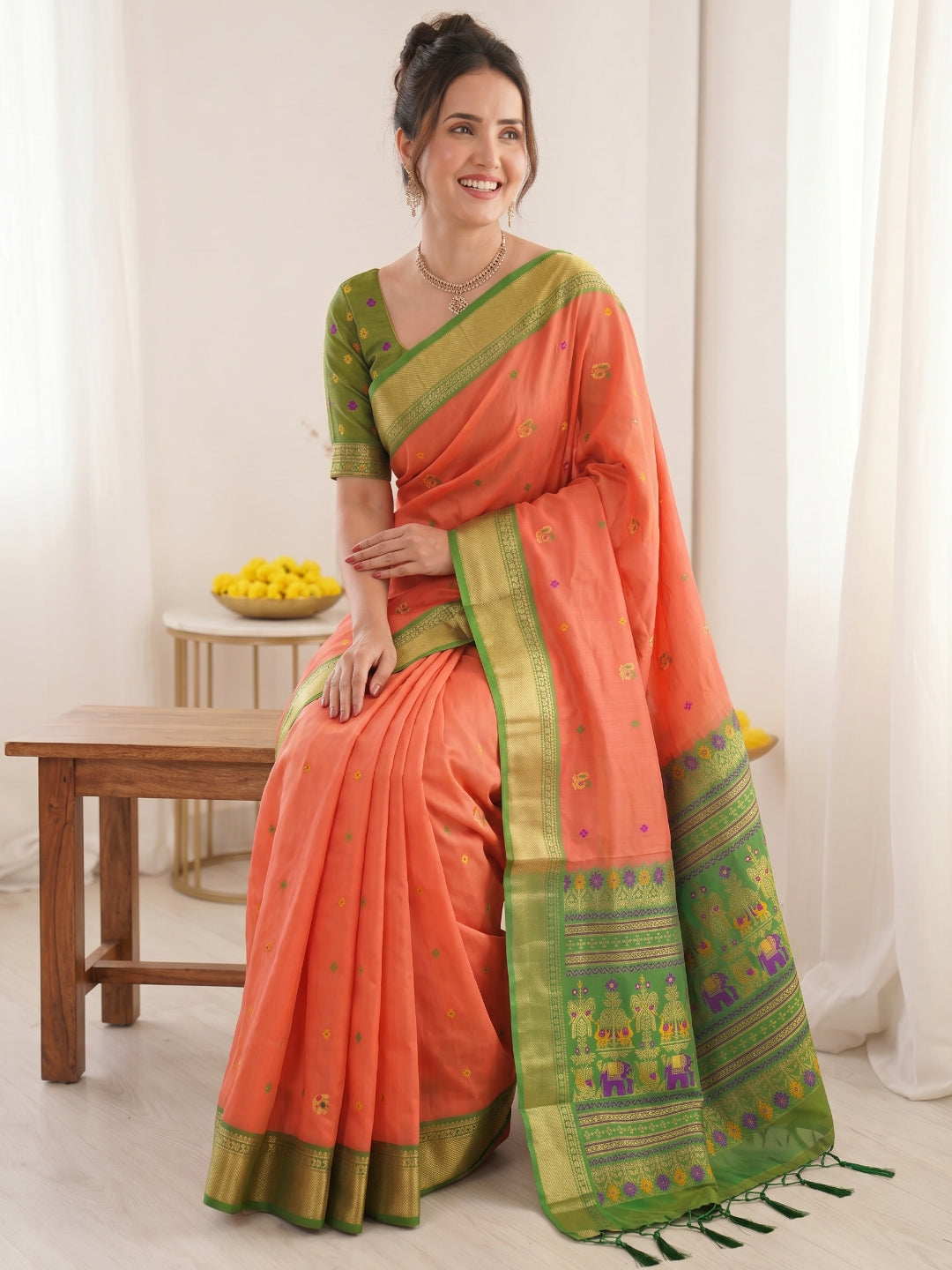 Peach Premium Soft Silk Saree Designer Party Wear Saree With Gold Zari Peacock Motifs Meenakari Pallu Wedding Festive Saree