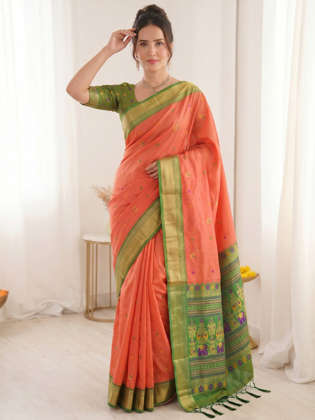 Peach Premium Soft Silk Saree Designer Party Wear Saree With Gold Zari Peacock Motifs Meenakari Pallu Wedding Festive Saree