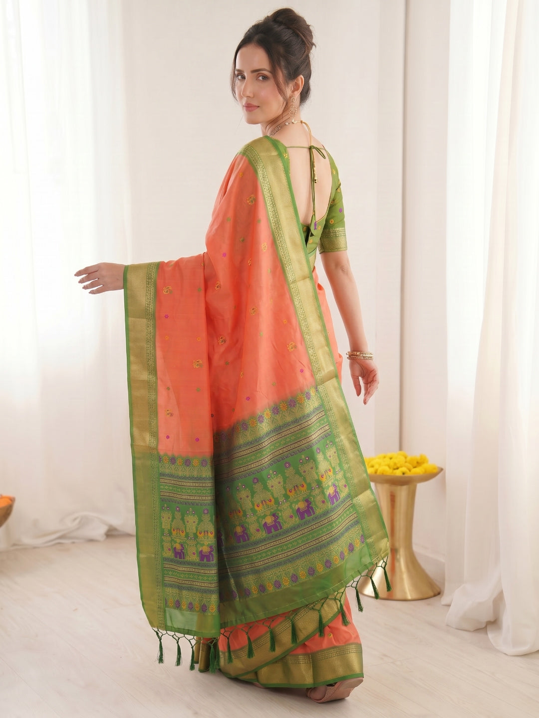 Peach Premium Soft Silk Saree Designer Party Wear Saree With Gold Zari Peacock Motifs Meenakari Pallu Wedding Festive Saree