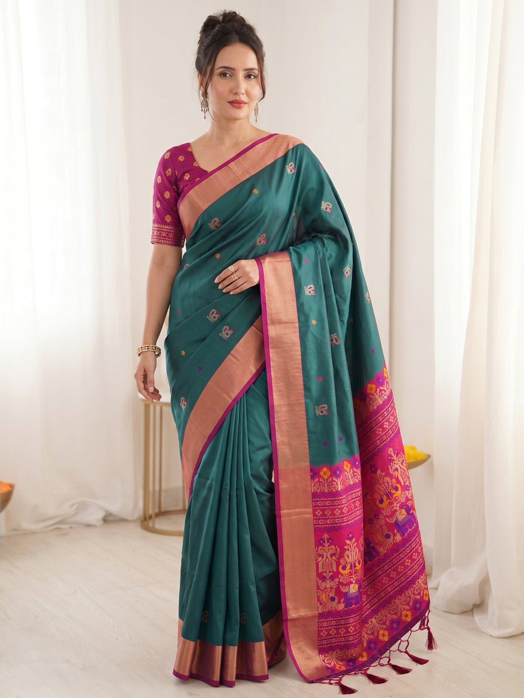 PGREEN Premium Soft Silk Saree Designer Party Wear Saree With Gold Zari Peacock Motifs Meenakari Pallu Wedding Festive Saree