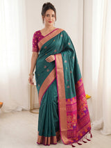 PGREEN Premium Soft Silk Saree Designer Party Wear Saree With Gold Zari Peacock Motifs Meenakari Pallu Wedding Festive Saree