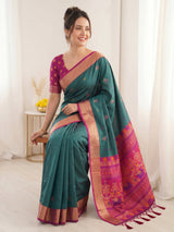 PGREEN Premium Soft Silk Saree Designer Party Wear Saree With Gold Zari Peacock Motifs Meenakari Pallu Wedding Festive Saree