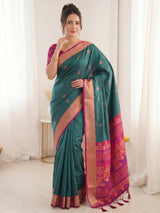 PGREEN Premium Soft Silk Saree Designer Party Wear Saree With Gold Zari Peacock Motifs Meenakari Pallu Wedding Festive Saree