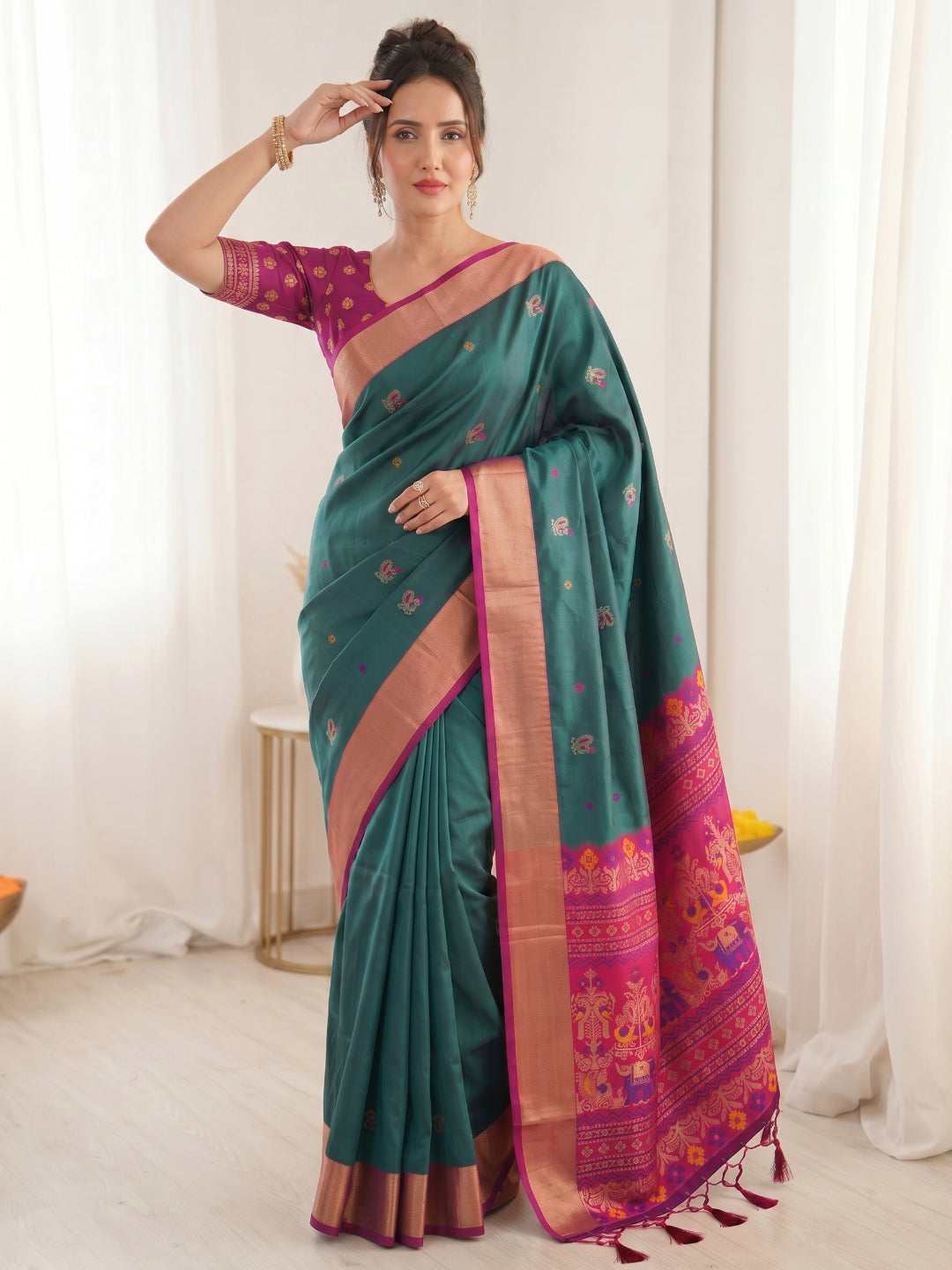 PGREEN Premium Soft Silk Saree Designer Party Wear Saree With Gold Zari Peacock Motifs Meenakari Pallu Wedding Festive Saree