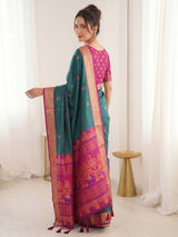 PGREEN Premium Soft Silk Saree Designer Party Wear Saree With Gold Zari Peacock Motifs Meenakari Pallu Wedding Festive Saree