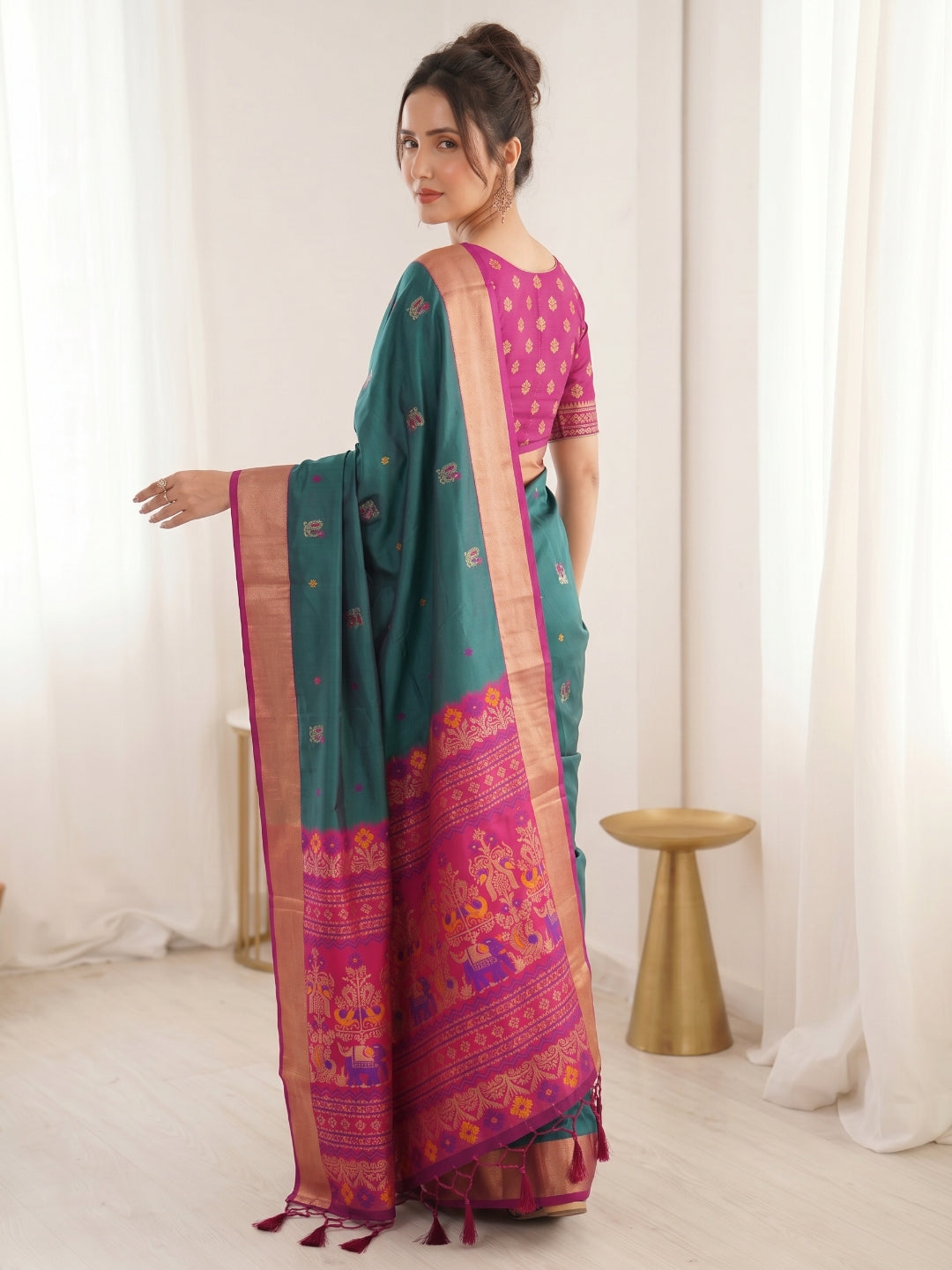 PGREEN Premium Soft Silk Saree Designer Party Wear Saree With Gold Zari Peacock Motifs Meenakari Pallu Wedding Festive Saree