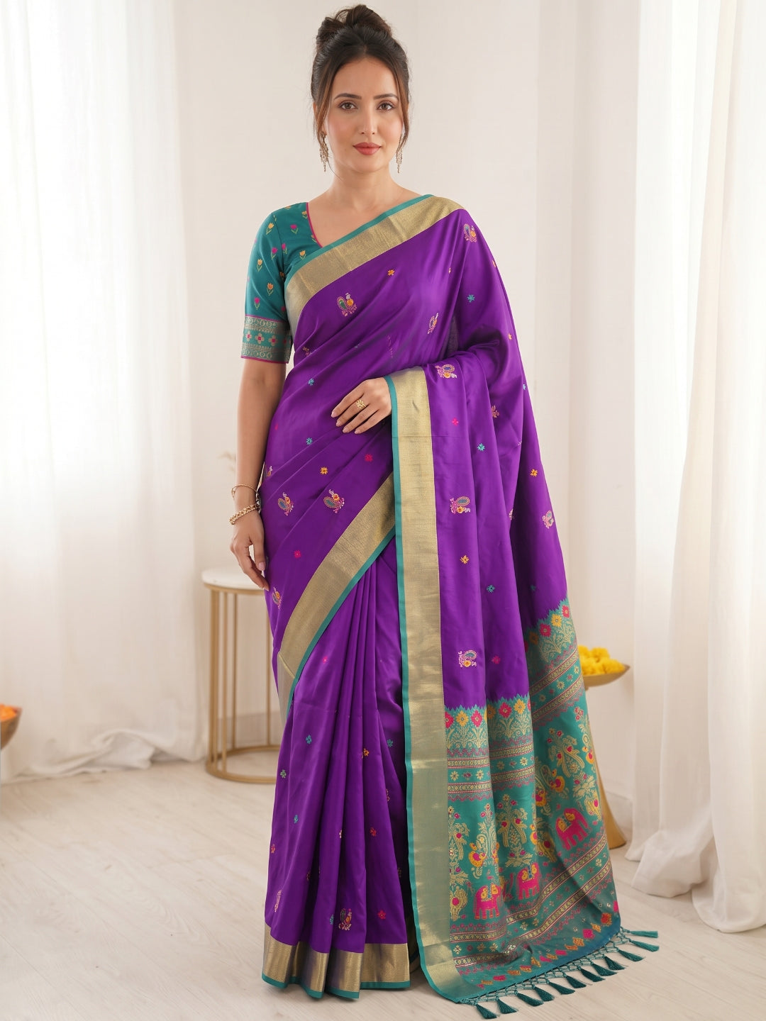 Purple Premium Soft Silk Saree Designer Party Wear Saree With Gold Zari Peacock Motifs Meenakari Pallu Wedding Festive Saree