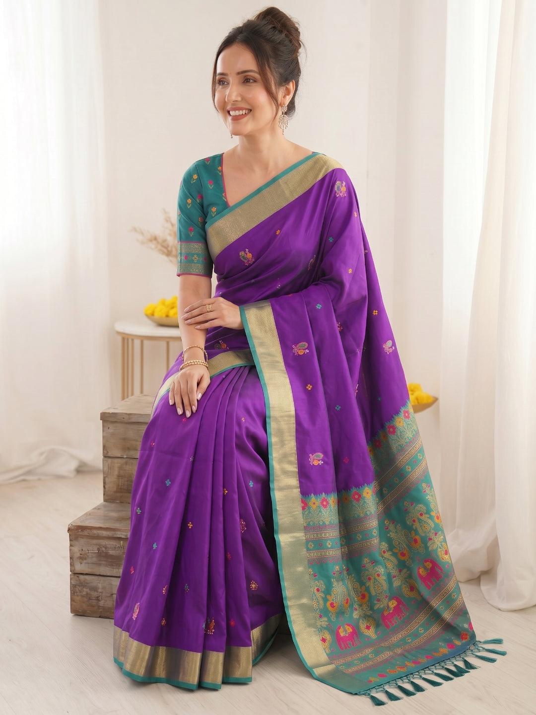 Purple Premium Soft Silk Saree Designer Party Wear Saree With Gold Zari Peacock Motifs Meenakari Pallu Wedding Festive Saree