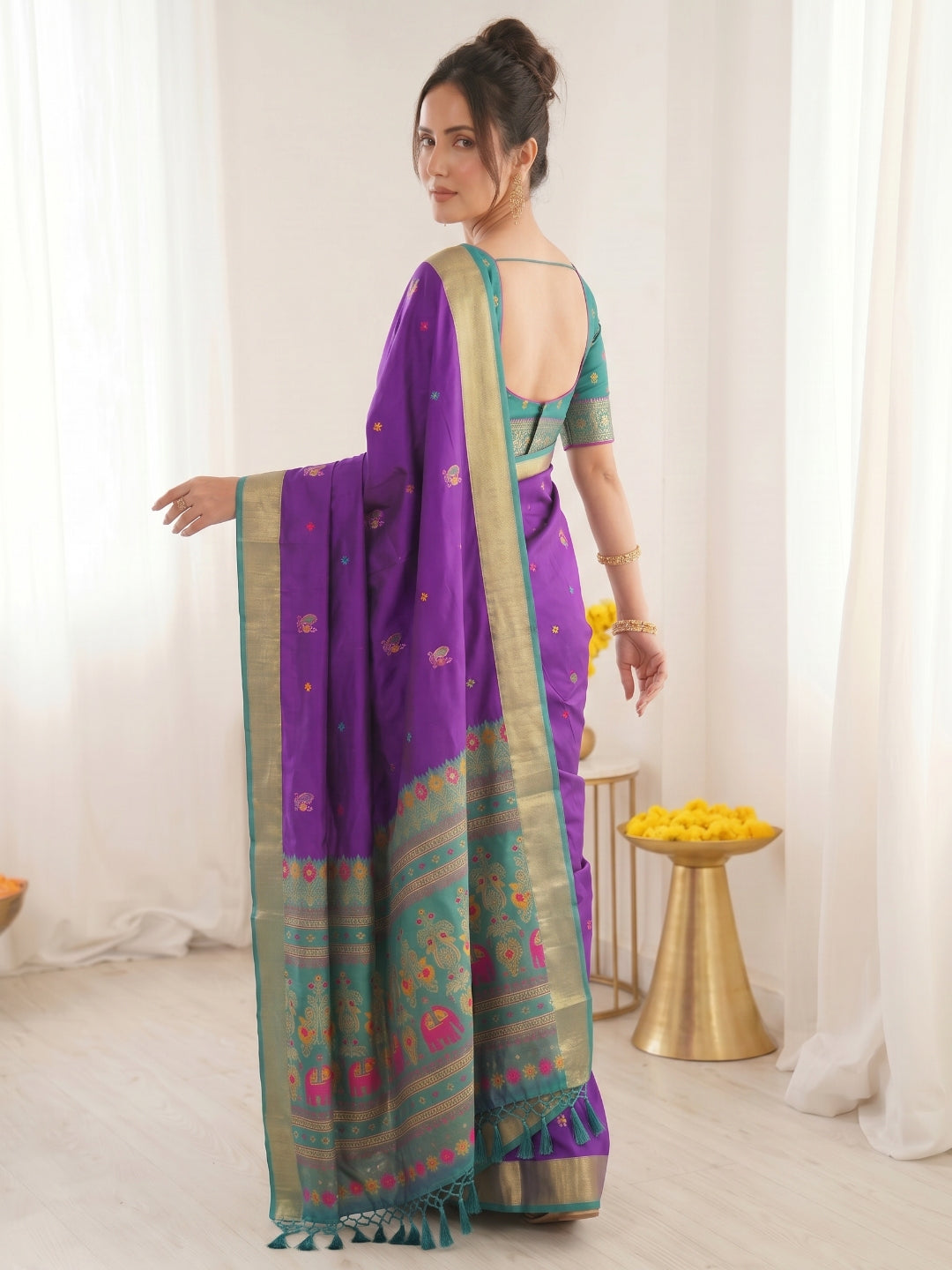 Purple Premium Soft Silk Saree Designer Party Wear Saree With Gold Zari Peacock Motifs Meenakari Pallu Wedding Festive Saree