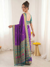 Purple Premium Soft Silk Saree Designer Party Wear Saree With Gold Zari Peacock Motifs Meenakari Pallu Wedding Festive Saree