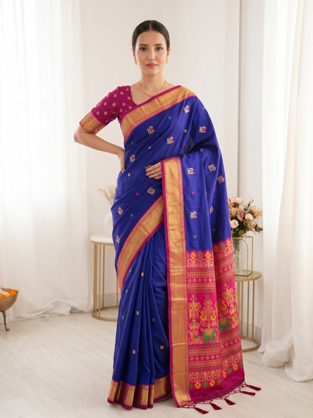 Violet Premium Soft Silk Saree Designer Party Wear Saree With Gold Zari Peacock Motifs Meenakari Pallu Wedding Festive Saree