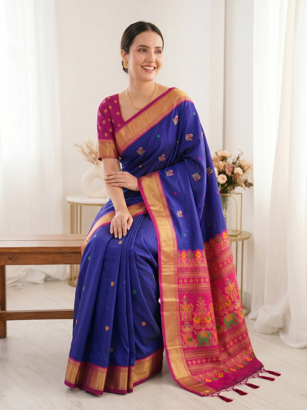 Violet Premium Soft Silk Saree Designer Party Wear Saree With Gold Zari Peacock Motifs Meenakari Pallu Wedding Festive Saree
