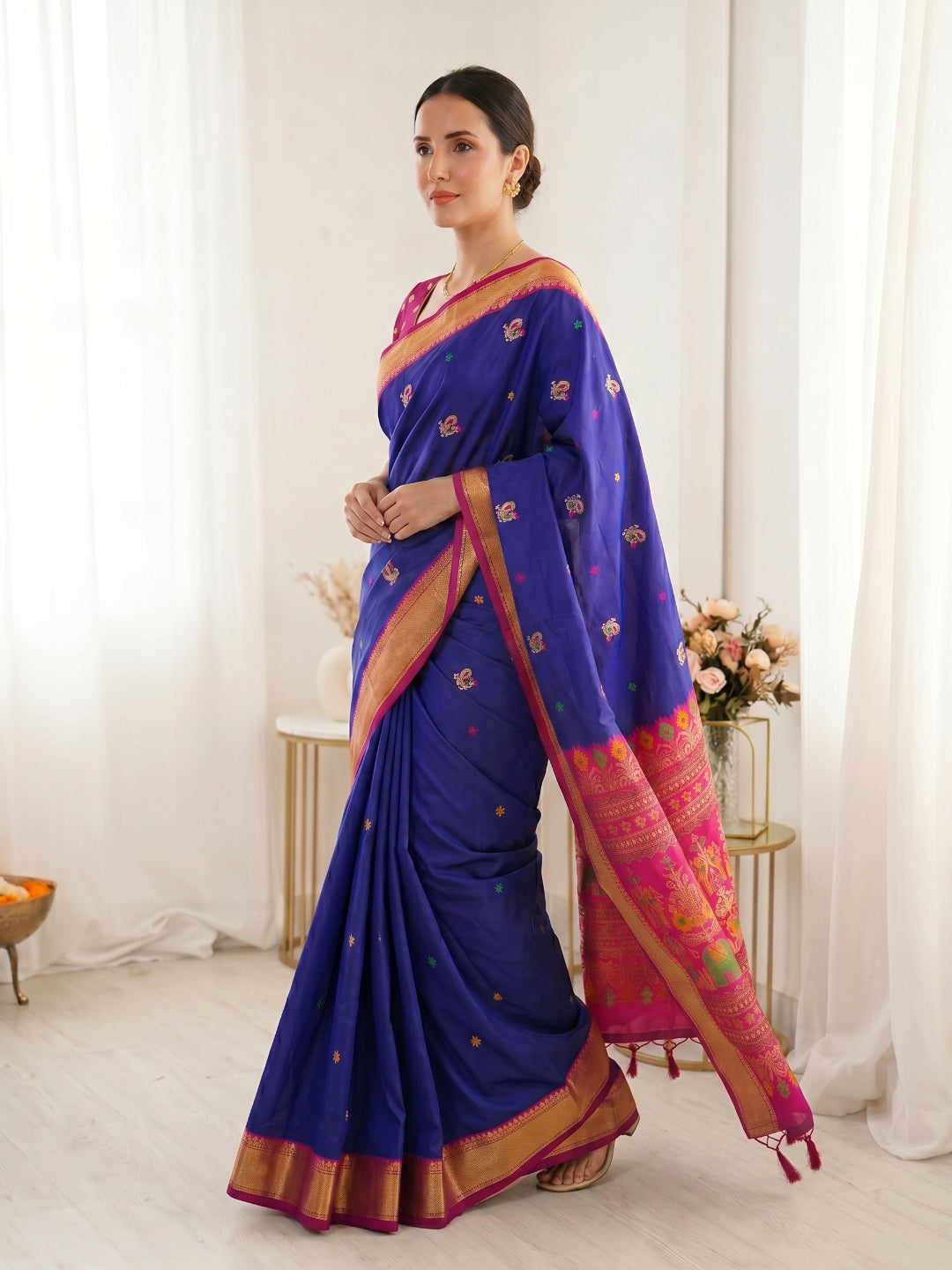 Violet Premium Soft Silk Saree Designer Party Wear Saree With Gold Zari Peacock Motifs Meenakari Pallu Wedding Festive Saree