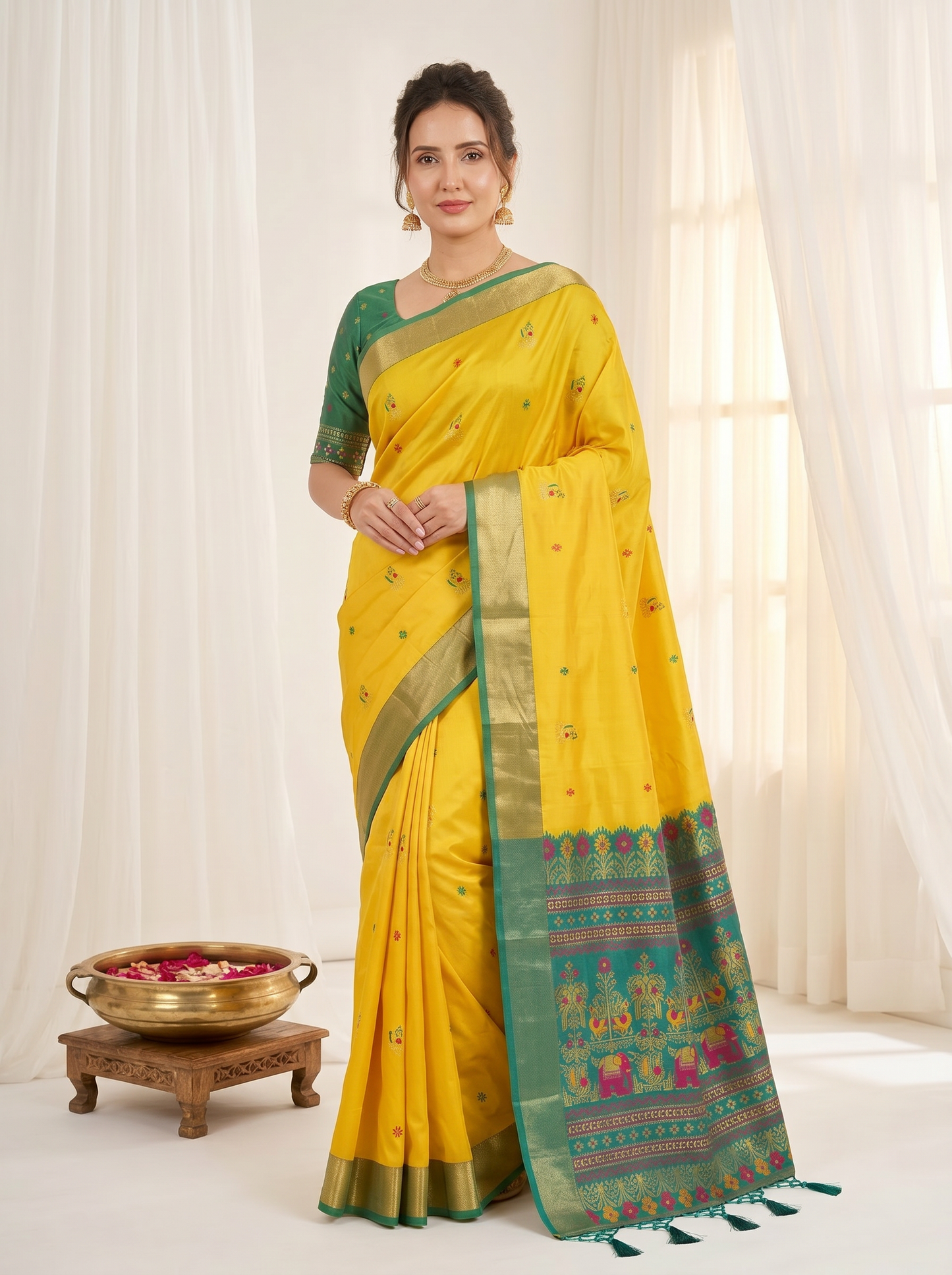 Yellow Premium Soft Silk Saree Designer Party Wear Saree With Gold Zari Peacock Motifs Meenakari Pallu Wedding Festive Saree