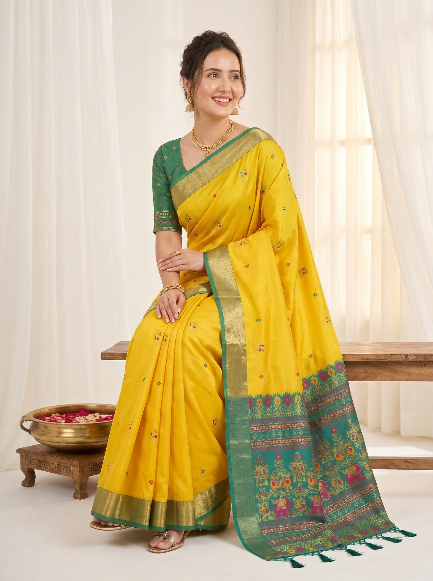 Yellow Premium Soft Silk Saree Designer Party Wear Saree With Gold Zari Peacock Motifs Meenakari Pallu Wedding Festive Saree