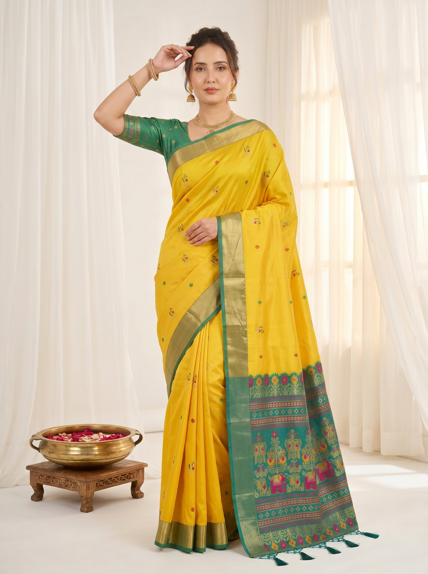 Yellow Premium Soft Silk Saree Designer Party Wear Saree With Gold Zari Peacock Motifs Meenakari Pallu Wedding Festive Saree