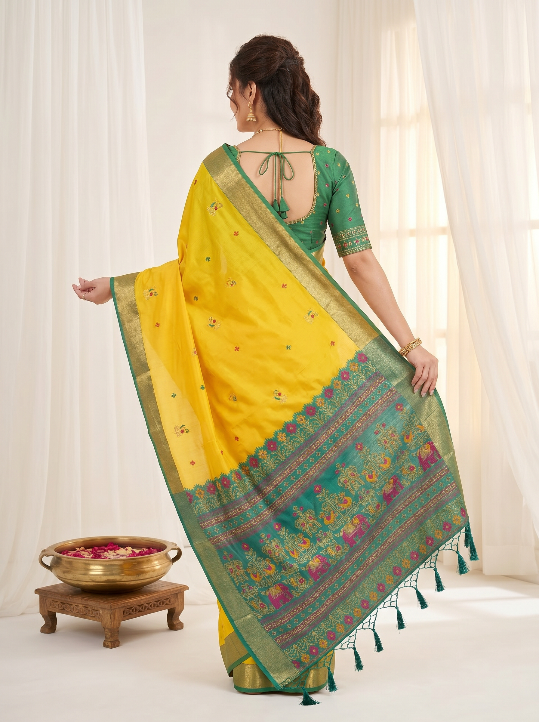 Yellow Premium Soft Silk Saree Designer Party Wear Saree With Gold Zari Peacock Motifs Meenakari Pallu Wedding Festive Saree