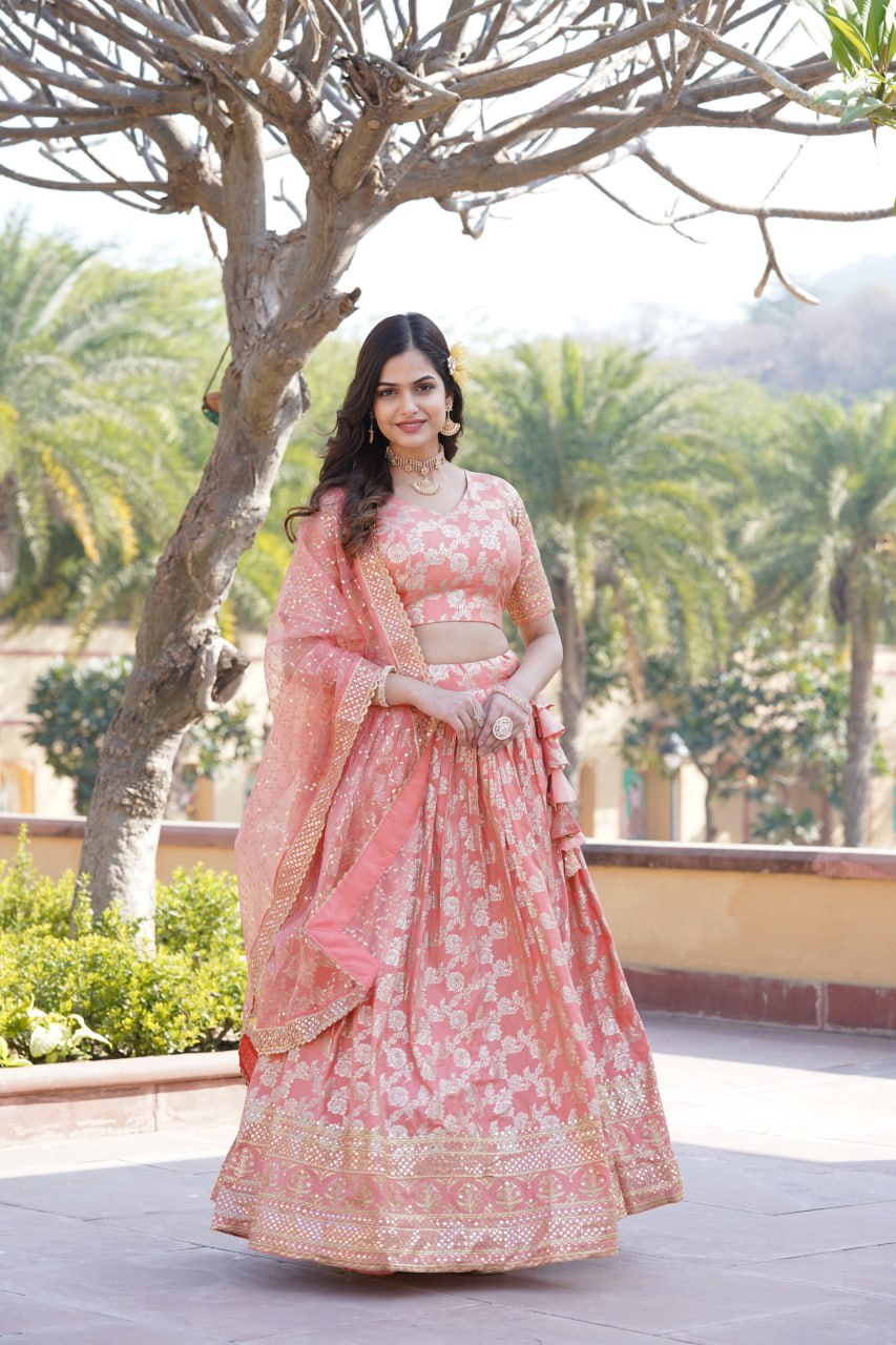 Designer Dyeable Viscose Jacquard Peach Lehenga Choli & Dupatta Set with Sequins Embroidery