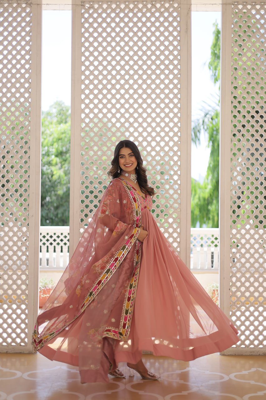 Elegant Embroidered Alia Cut Peach Gown with Printed Dupatta Set