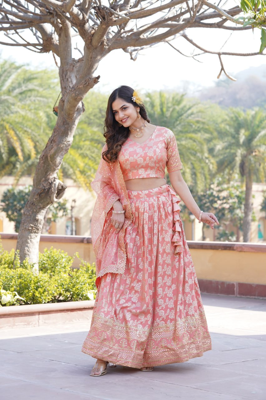 Designer Dyeable Viscose Jacquard Peach Lehenga Choli & Dupatta Set with Sequins Embroidery