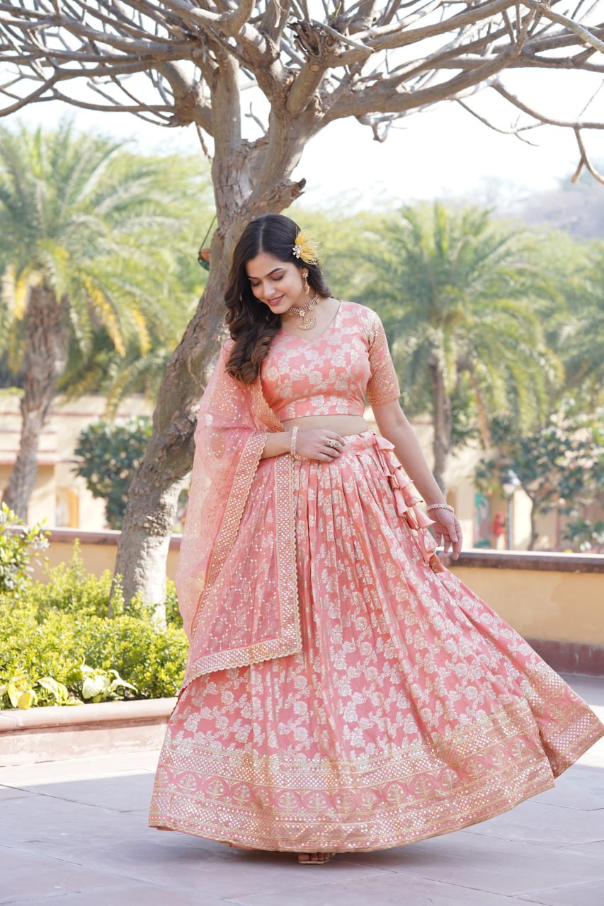 Designer Dyeable Viscose Jacquard Peach Lehenga Choli & Dupatta Set with Sequins Embroidery