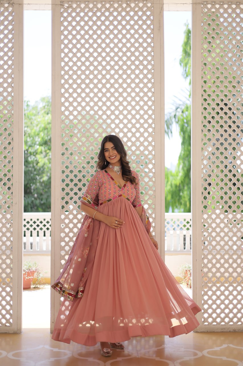 Elegant Embroidered Alia Cut Peach Gown with Printed Dupatta Set