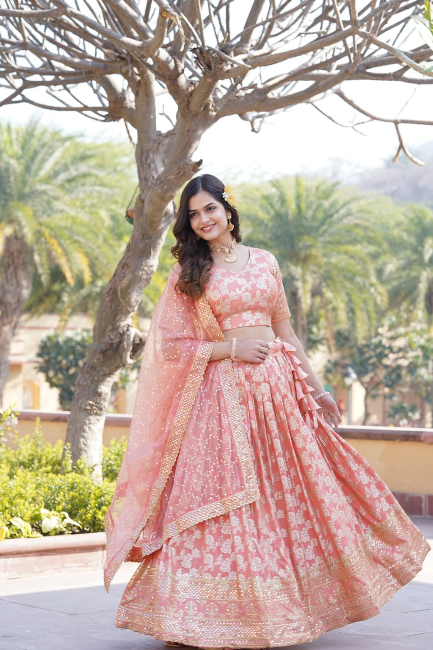 Designer Dyeable Viscose Jacquard Peach Lehenga Choli & Dupatta Set with Sequins Embroidery
