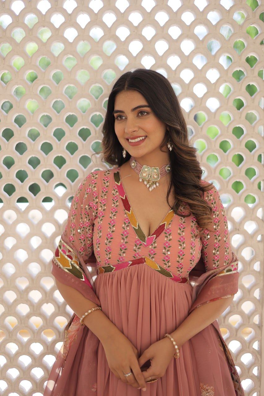 Elegant Embroidered Alia Cut Peach Gown with Printed Dupatta Set
