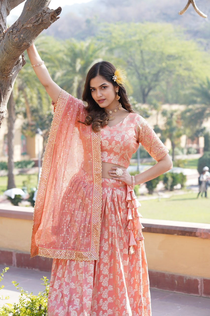 Designer Dyeable Viscose Jacquard Peach Lehenga Choli & Dupatta Set with Sequins Embroidery