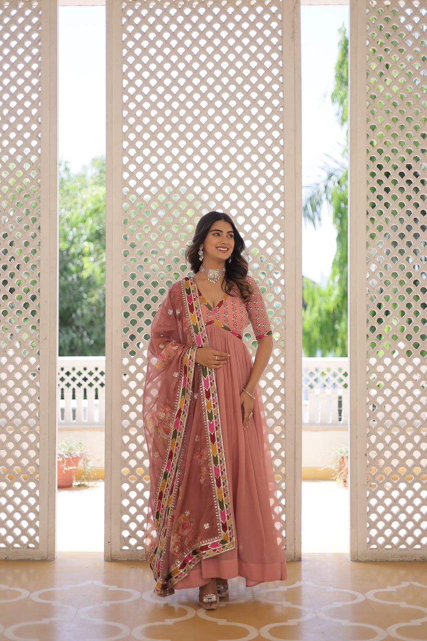Elegant Embroidered Alia Cut Peach Gown with Printed Dupatta Set