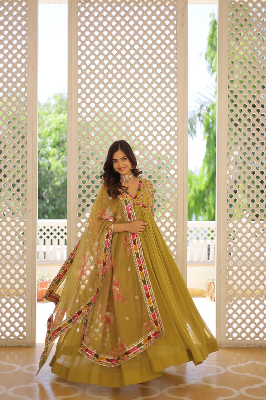 Elegant Embroidered Alia Cut Pista Green Gown with Printed Dupatta Set