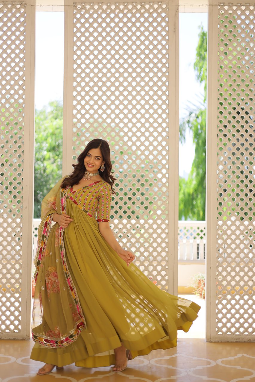 Elegant Embroidered Alia Cut Pista Green Gown with Printed Dupatta Set