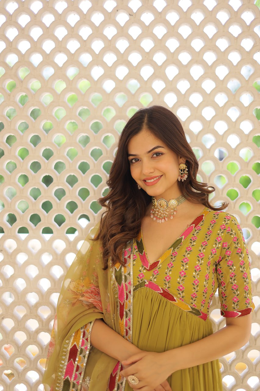 Elegant Embroidered Alia Cut Pista Green Gown with Printed Dupatta Set
