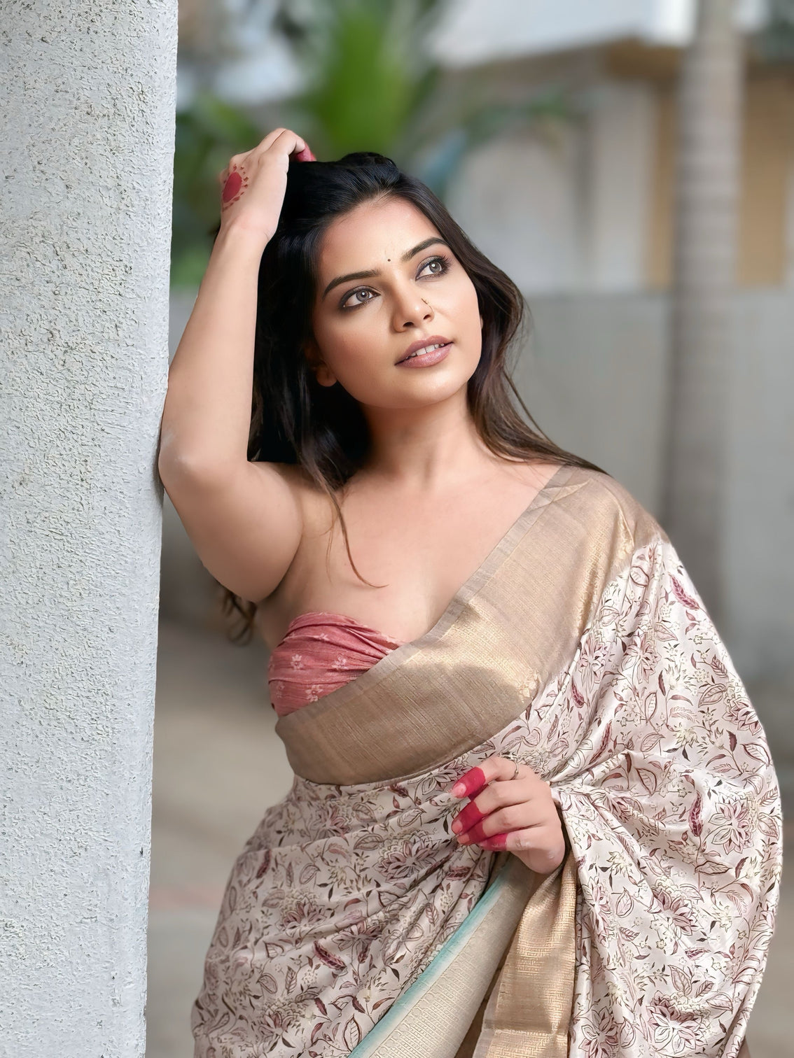 Mehendi assam silk floral printed saree with zari woven border