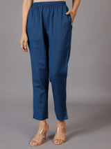 Libas Teal Solid Cotton Trousers